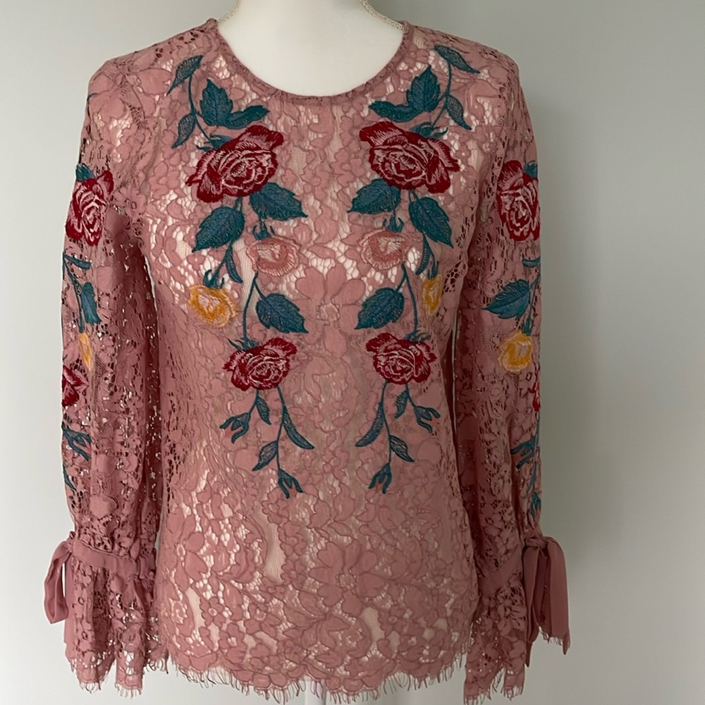 Beautiful Pink Lace Blouse with Floral Embroidery